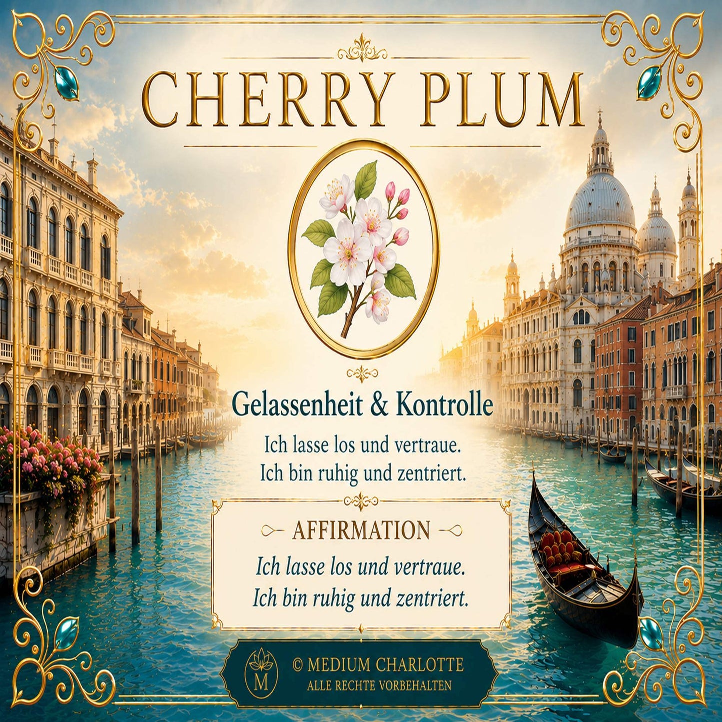 Bachblueten Affirmationskarte Cherry Plum, Gelassenheit und Kontrolle, mit Venedig-Motiv von Medium Charlotte