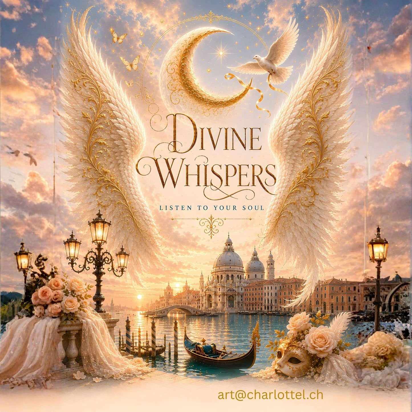 Divine Whispers Poster Detail – Venedig Wandkunst mit goldenem Sonnenuntergang und weißer Taube als Symbol für Frieden und Seele