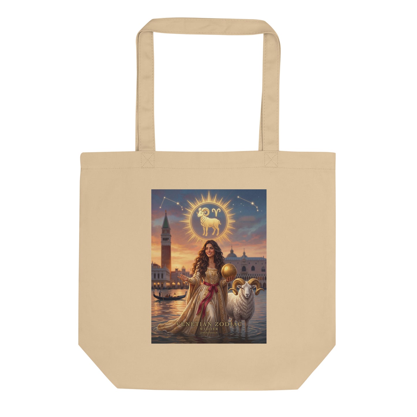 Sternzeichen Widder Stofftasche – venezianische Göttin mit weißem Widder auf Bio-Baumwoll-Tasche in Oyster, Venetian Zodiac
