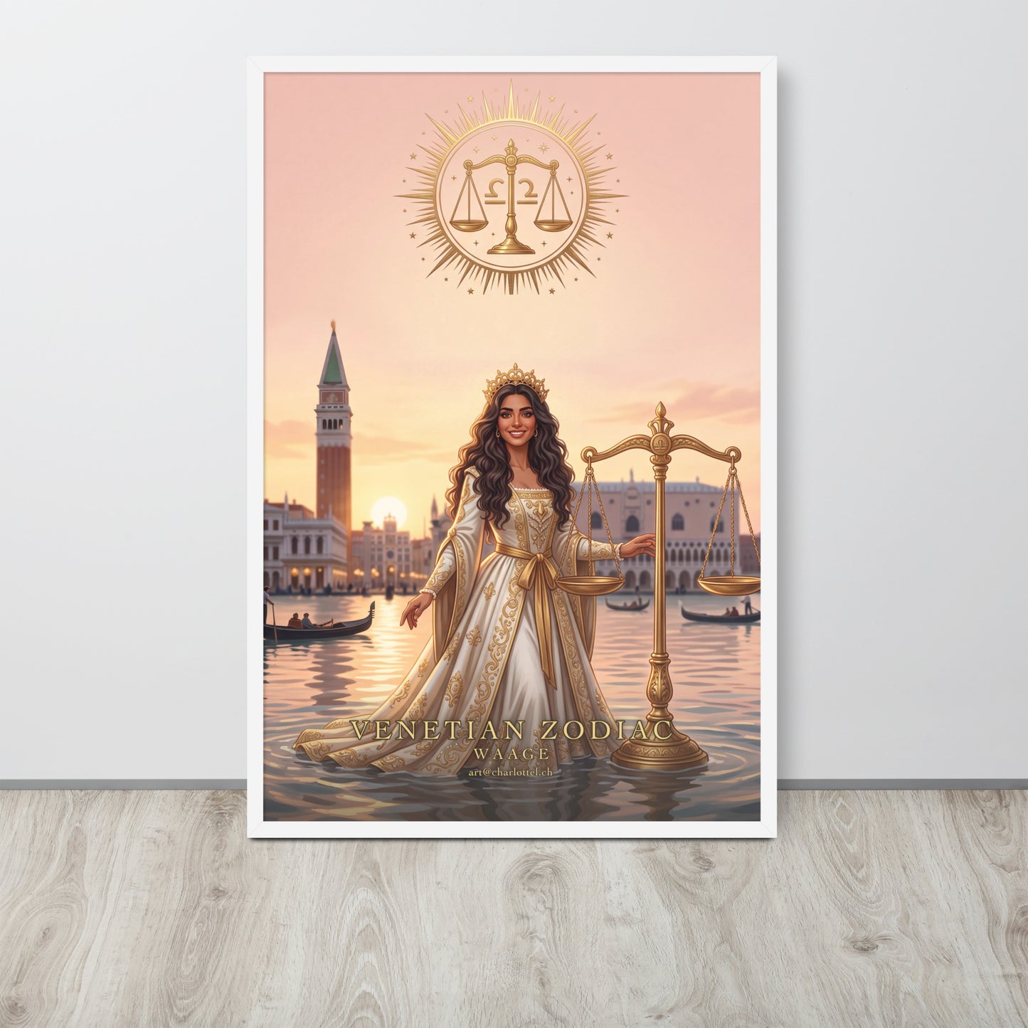 Sternzeichen Waage gerahmtes Poster – venezianische Göttin mit goldener Waage, Großformat 61×91 cm