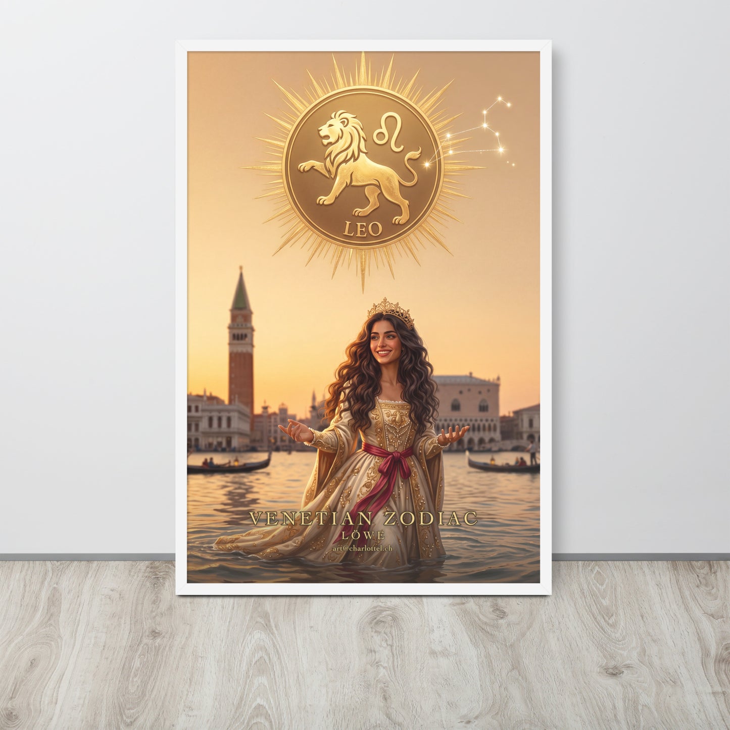 Sternzeichen Löwe gerahmtes Poster – venezianische Göttin mit goldenem Löwen-Emblem, Großformat 61×91 cm