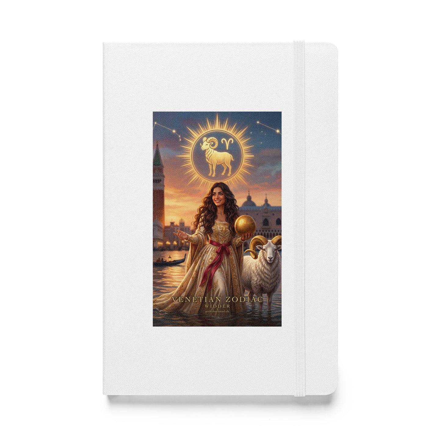 Sternzeichen Widder Journal – venezianische Göttin mit weißem Widder auf weißem Hardcover-Notizbuch, Venetian Zodiac