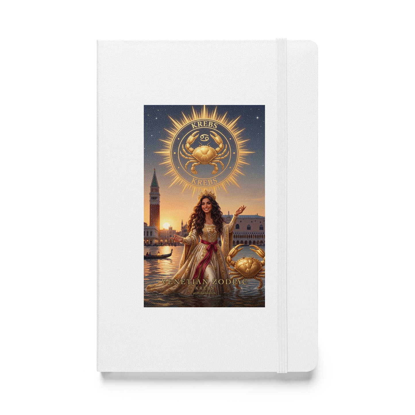 Sternzeichen Krebs Journal – venezianische Göttin mit goldenem Krebs auf weißem Hardcover-Notizbuch, Venetian Zodiac