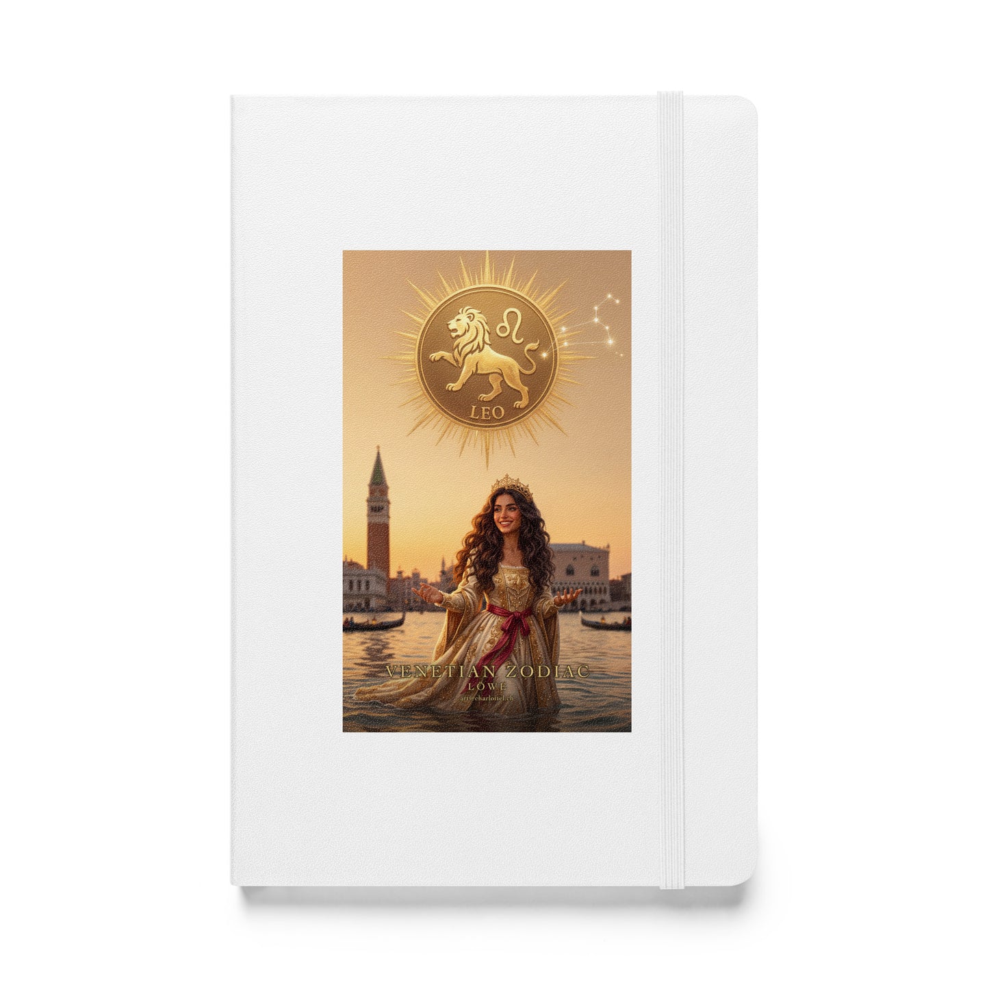 Sternzeichen Löwe Journal – venezianische Göttin mit goldenem Löwen auf weißem Hardcover-Notizbuch, Venetian Zodiac