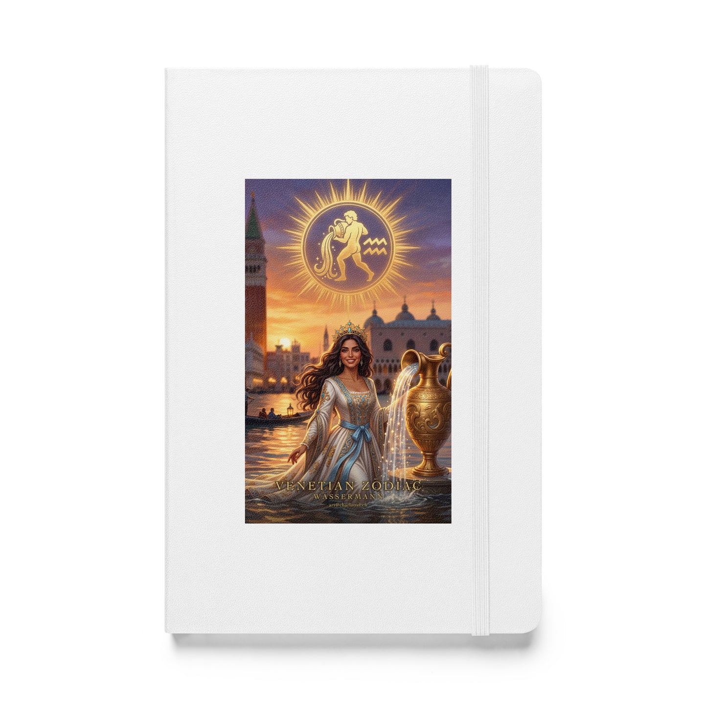 Sternzeichen Wassermann Journal – venezianische Göttin mit goldener Amphore auf weißem Hardcover-Notizbuch, Venetian Zodiac