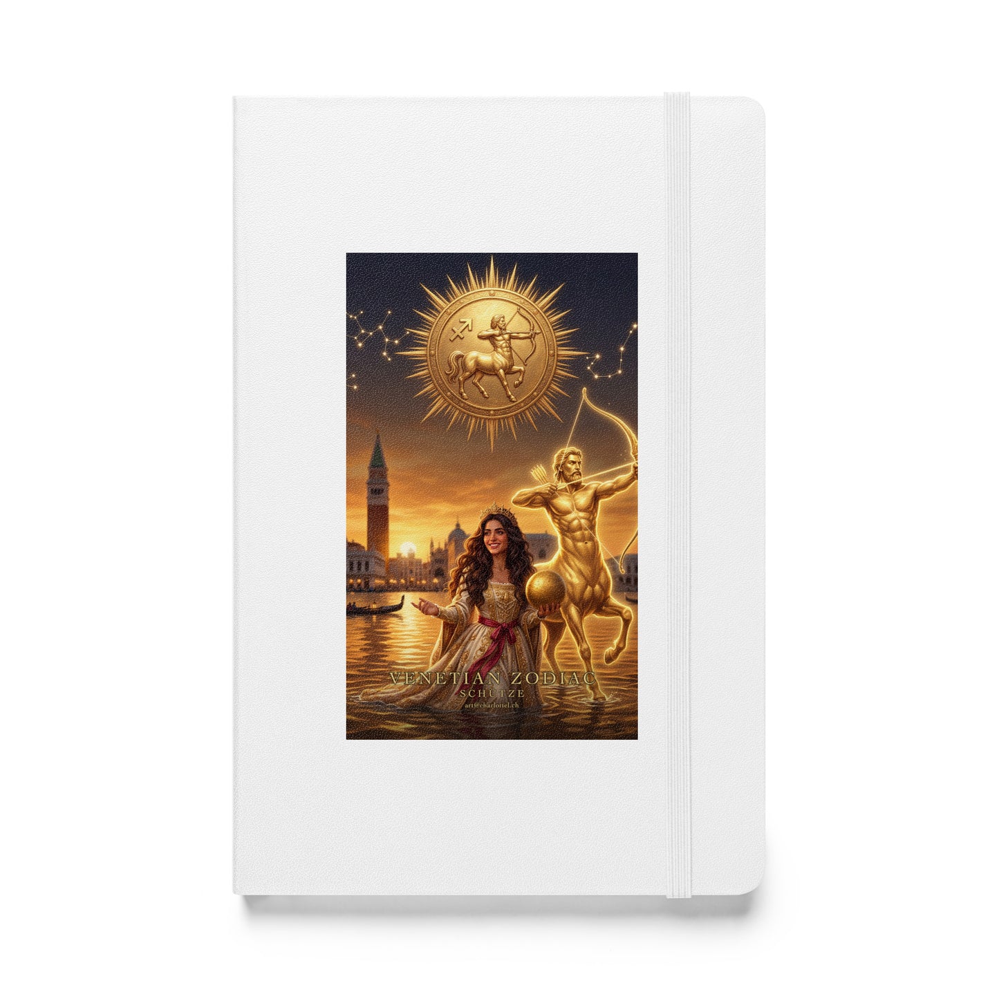 Sternzeichen Schütze Journal – venezianische Göttin mit goldenem Zentaur auf weißem Hardcover-Notizbuch, Venetian Zodiac