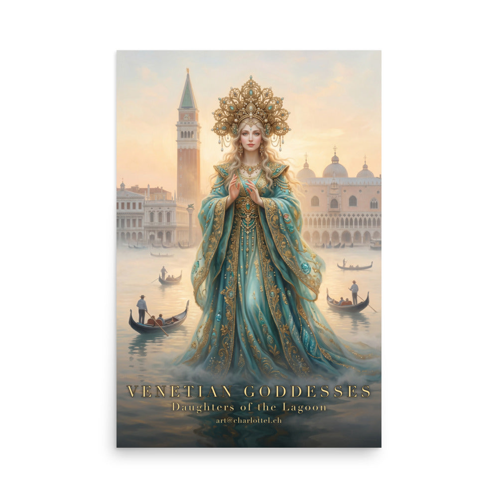 Goldhaarige venezianische Göttin an einer goldenen Lagune – Luster-Poster von Medium Charlotte (Ansicht 3)