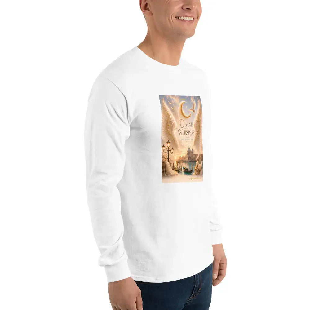Divine Whispers Venedig Unisex-Longsleeve in Weiss, Dreiviertelansicht rechts mit Venedig-Print von Medium Charlotte