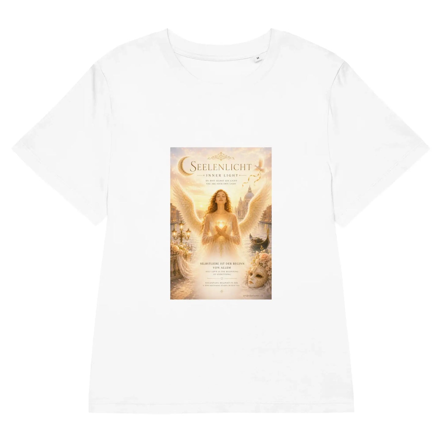 Seelenlicht Inner Light Bio-Damenshirt in Weiss, Vorderseite mit strahlendem Engel-Print von Medium Charlotte