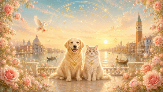 Tierhoroskop für Hund und Katze vor goldener Venedig-Kulisse – Sternzeichen und Seele des Tieres, Medium Charlotte