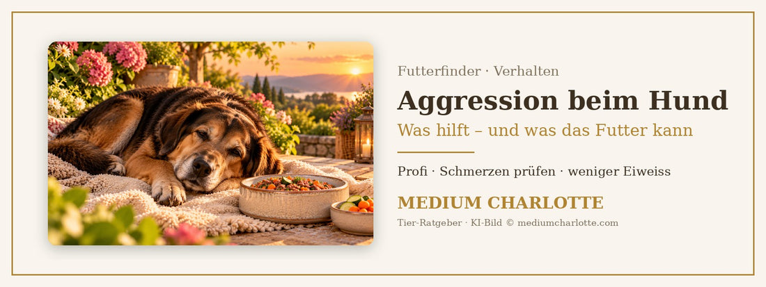 Aggression beim Hund – entspannter Mischlingsrüde liegt ruhig auf einer Decke im Garten, daneben ein Napf mit Futter und Gemüse