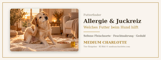 Futter bei Allergie und Juckreiz beim Hund – Hund kratzt sich, daneben Napf mit Nassfutter und Öl