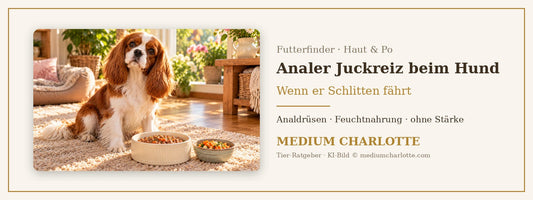 Analer Juckreiz beim Hund – Cavalier King Charles Spaniel sitzt auf einem Teppich in einem hellen Zimmer neben seinem Futternapf
