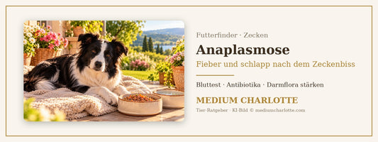 Anaplasmose beim Hund – Border Collie ruht auf einer Decke auf der Terrasse, daneben ein Napf mit Feuchtfutter