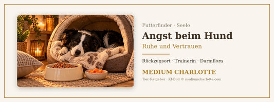 Angst beim Hund – Border Collie liegt geborgen in einem Höhlenbett mit weicher Decke, daneben sein Futternapf
