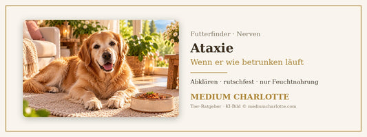 Ataxie beim Hund – Golden Retriever liegt auf einem rutschfesten Teppich im Wohnzimmer, daneben ein Napf mit Feuchtfutter