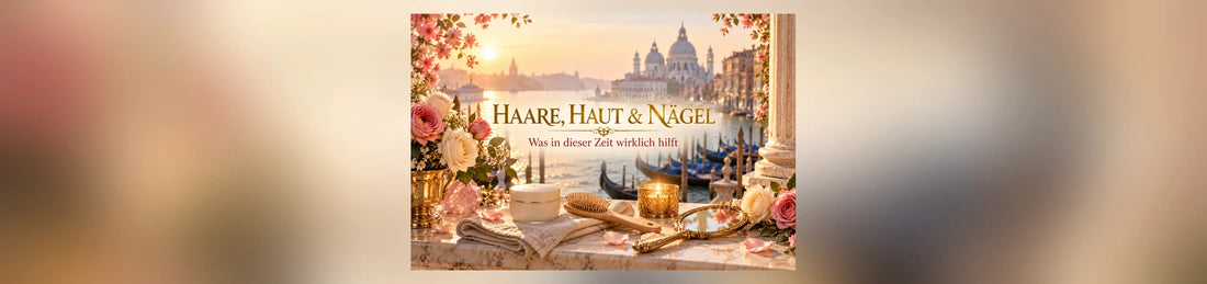 Haare, Haut und Nägel in den Wechseljahren – venezianische Morgenszene mit Cremedose, Haarbürste, Handspiegel, Rosen und Kerze auf Marmor