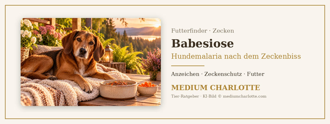 Babesiose beim Hund – Jagdhund-Mischling ruht auf einer Decke auf der Veranda, daneben ein Napf mit Feuchtfutter