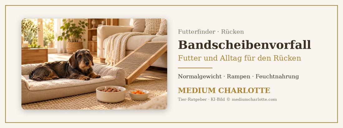 Bandscheibenvorfall beim Hund – Rauhaardackel liegt auf einem festen Hundebett neben einer Rampe zum Sofa