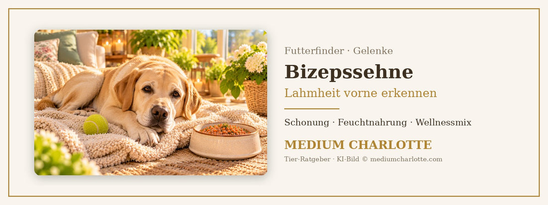 Bizepssehnenentzündung beim Hund – Labrador liegt ruhig auf einer Decke im Wohnzimmer, daneben ein Napf mit Feuchtfutter und ein Ball