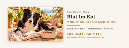 Blut im Kot beim Hund – Border Collie liegt ruhig auf einer Decke auf der Terrasse, daneben ein Napf mit Feuchtfutter