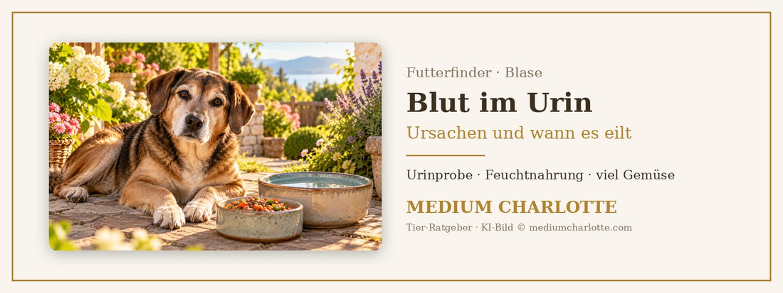 Blut im Urin beim Hund – älterer Mischlingsrüde liegt im Garten neben einer Wasserschale und einem Napf mit Feuchtfutter
