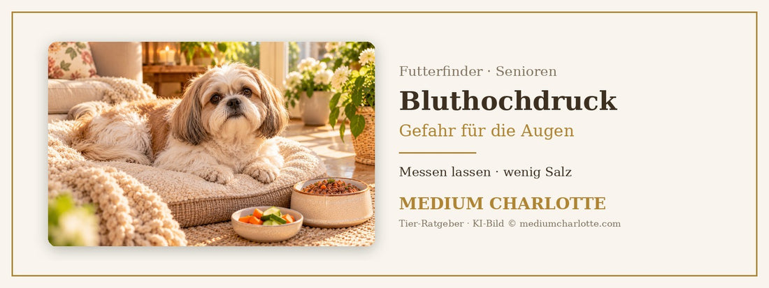 Bluthochdruck beim Hund – älterer Shih Tzu liegt ruhig auf einem weichen Kissen, daneben ein Napf mit Feuchtfutter