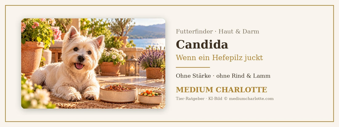 Candida beim Hund – West Highland White Terrier liegt auf einer sonnigen Terrasse, daneben ein Napf mit Feuchtfutter und frisches Gemüse