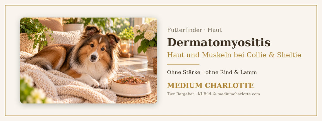 Dermatomyositis beim Hund – junger Sheltie liegt auf einer weichen Decke im Wohnzimmer, daneben ein Napf mit Feuchtfutter