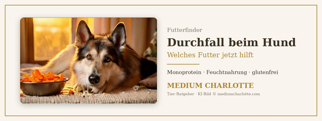 Futter bei Durchfall beim Hund – ruhiger Hund mit Napf und Karotten, Futterfinder von Medium Charlotte