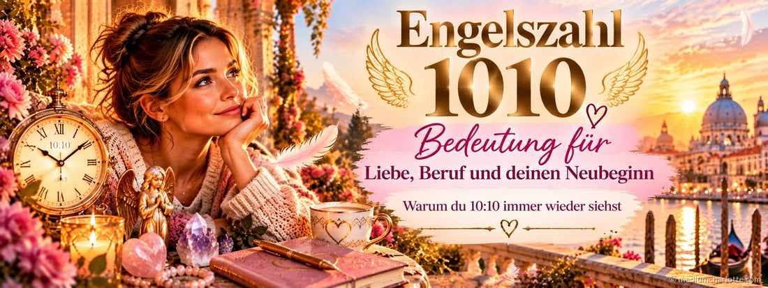 Frau träumt neben einer Uhr, die 10:10 zeigt, und einer Engelsfigur vor der Lagune von Venedig – Engelszahl 1010 Bedeutung