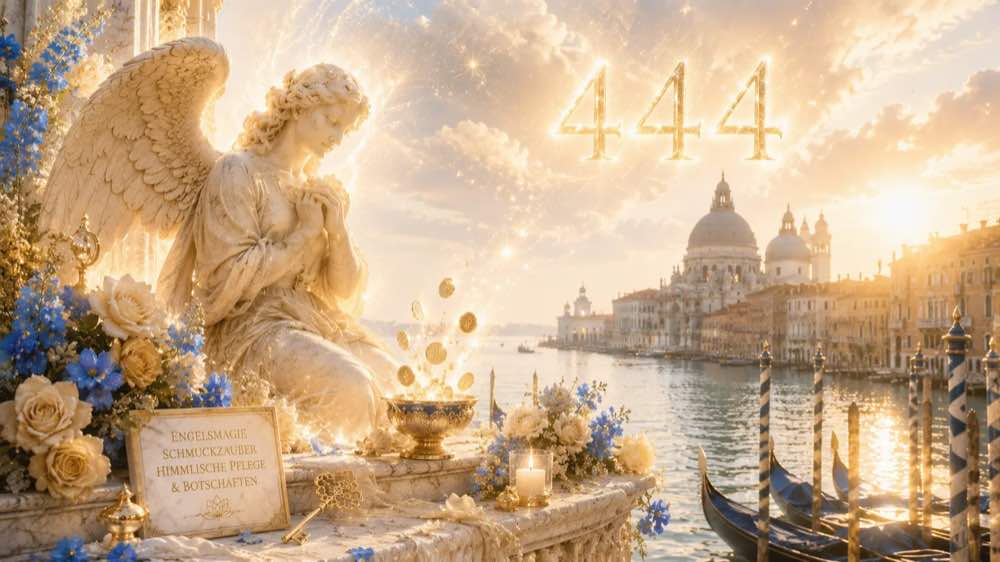 Engelszahl 444 in goldenem Licht über dem Canal Grande in Venedig, davor eine betende Engelsstatue