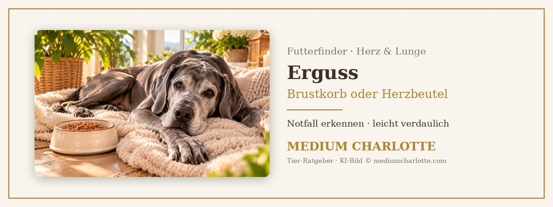 Erguss beim Hund – ältere Deutsche Dogge ruht auf einer grossen weichen Decke in einem hellen Raum, daneben ein Napf mit Feuchtfutter