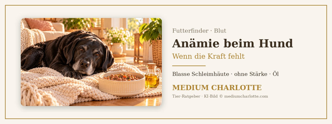 Anämie beim Hund – schwarze Labrador-Hündin ruht müde auf einer weichen Decke im Wohnzimmer, daneben ein Napf mit Fleischfutter und eine Flasche Öl