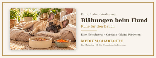 Blähungen beim Hund – Französische Bulldogge liegt entspannt auf einem Hundebett im hellen Wohnzimmer neben ihrem Futternapf