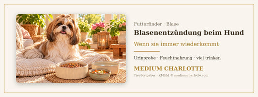 Blasenentzündung beim Hund – Shih Tzu sitzt in einem hellen Zimmer neben seinem Futternapf und einer Wasserschale