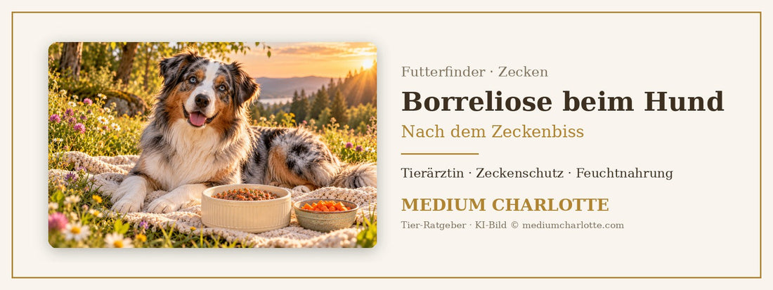 Borreliose beim Hund – Australian Shepherd liegt auf einer Sommerwiese am Waldrand neben seinem Futternapf