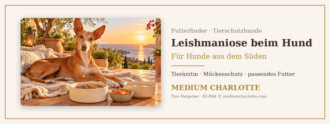 Leishmaniose beim Hund – schlanker Podenco liegt auf einer sonnigen Terrasse am Mittelmeer neben seinem Futternapf