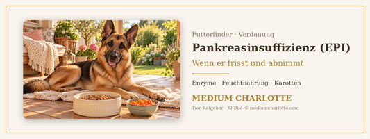 Pankreasinsuffizienz beim Hund – Deutscher Schäferhund liegt auf einer Holzveranda neben seinem Futternapf und einer Schale Karotten