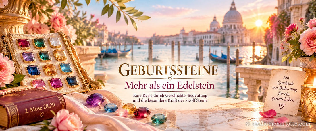 Geburtssteine – mehr als ein Edelstein: goldene Brusttasche mit zwölf farbigen Edelsteinen, alte Bibel «2. Mose 28,29» und lose Edelsteine vor der Lagune von Venedig (KI-erstelltes Bild)
