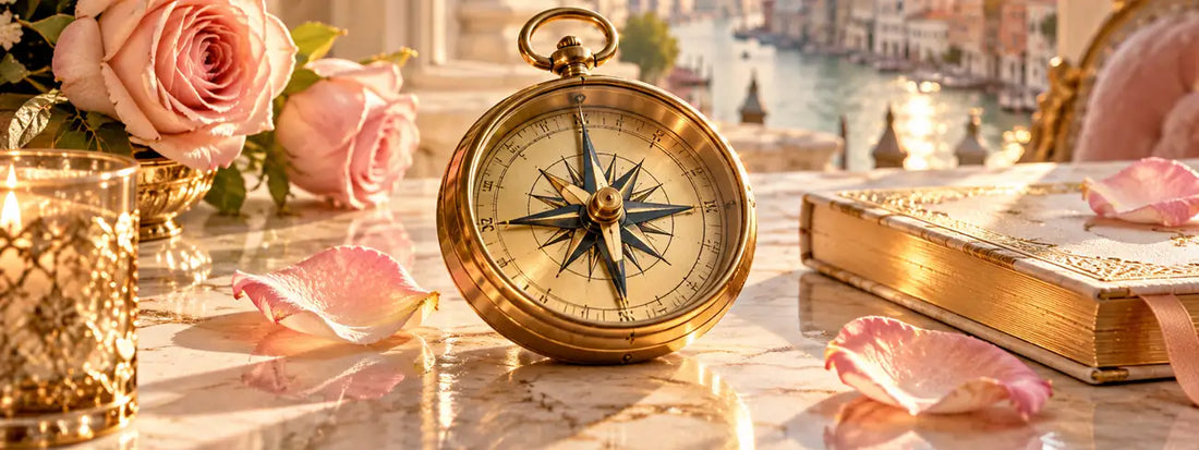 Goldener Kompass auf hellem Marmor in Venedig – er zeigt die Richtung, aber keine Ankunftszeit