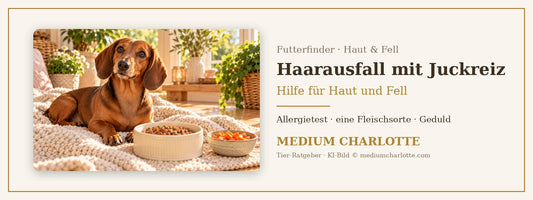 Haarausfall mit Juckreiz beim Hund – Dackel sitzt auf einer Decke in einem gemütlichen Zimmer neben seinem Futternapf