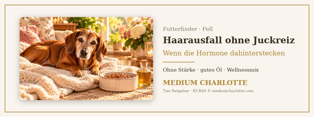 Haarausfall ohne Juckreiz beim Hund – älterer Dackel liegt entspannt auf einer weichen Decke in der Sonne, daneben ein Napf