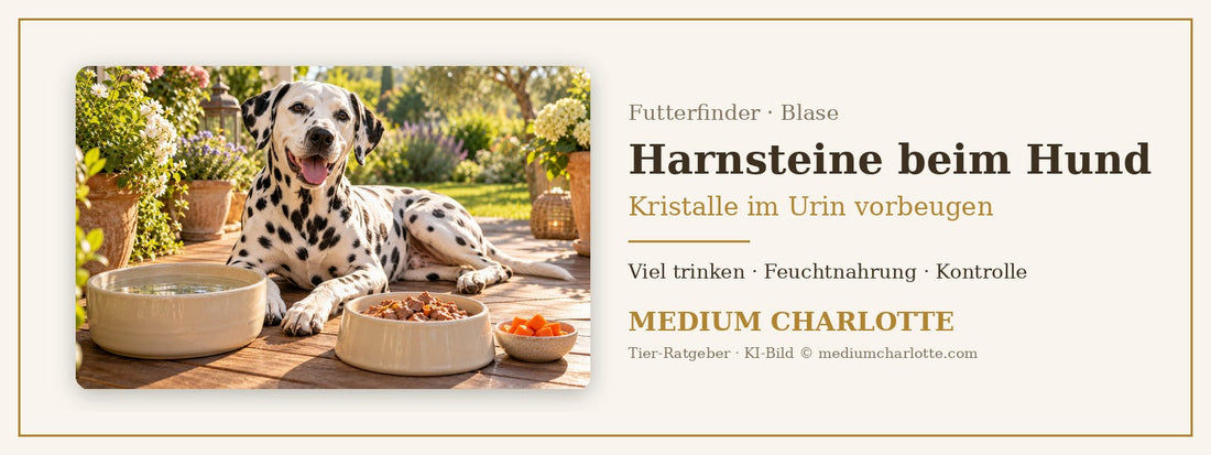 Harnsteine beim Hund – Dalmatiner liegt auf einer Holzterrasse neben einer grossen Wasserschale und seinem Futternapf