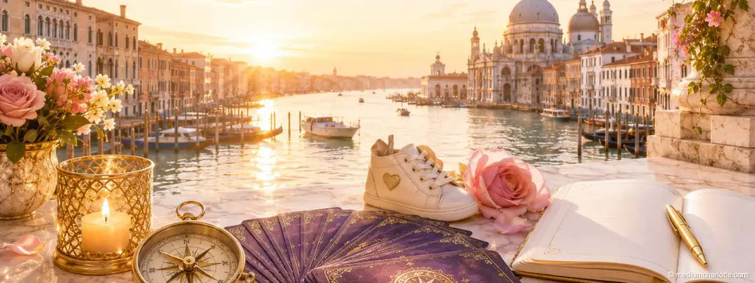 Kinderschuhe, Kompass, Karten und Notizbuch vor dem Canal Grande in Venedig (KI-generiertes Motiv)
