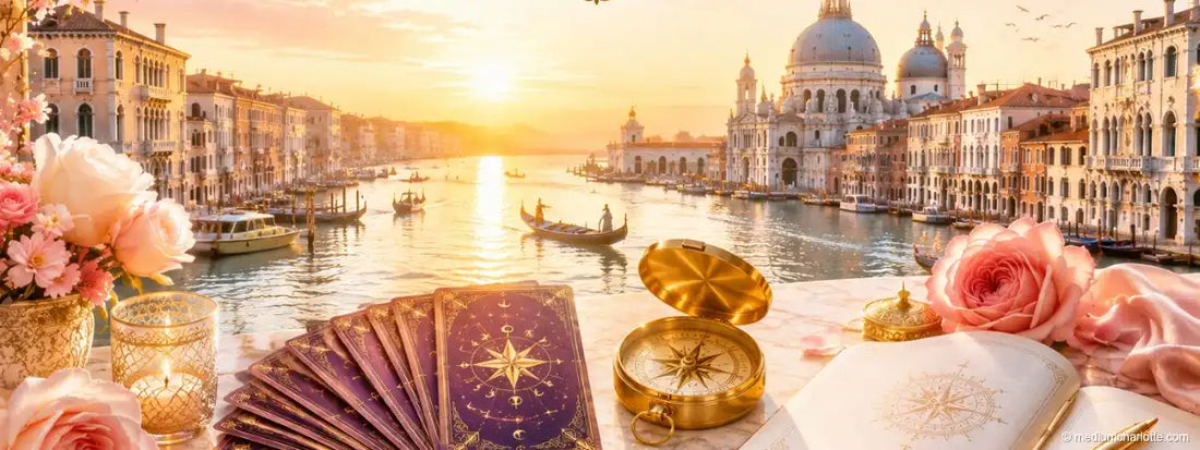 Karten, Kompass und Notizbuch auf einem Marmortisch vor dem Canal Grande (KI-generiertes Motiv)