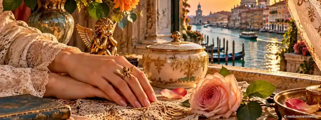 Hände mit Ring zwischen Rosen und Spitze, im Hintergrund der Canal Grande (KI-generiertes Motiv)