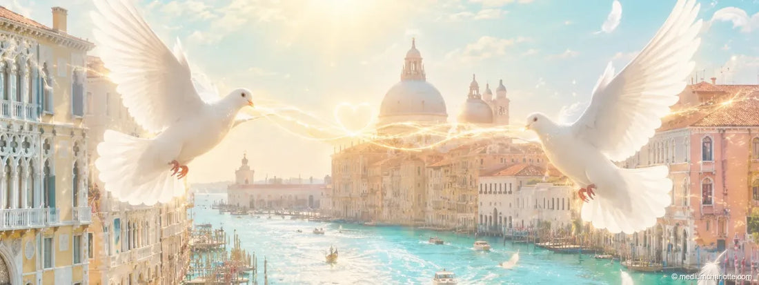 Zwei weisse Tauben über dem Canal Grande in Venedig (KI-generiertes Motiv)
