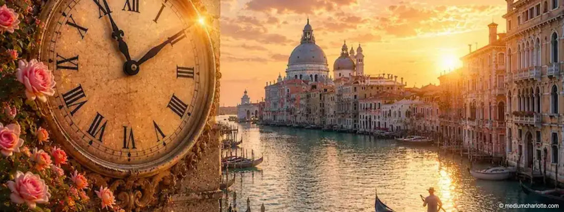 Alte Uhr mit Rosen am Canal Grande in Venedig bei Sonnenuntergang (KI-generiertes Motiv)