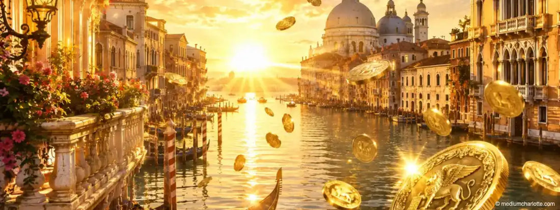 Goldmünzen im Sonnenlicht über dem Canal Grande in Venedig (KI-generiertes Motiv)